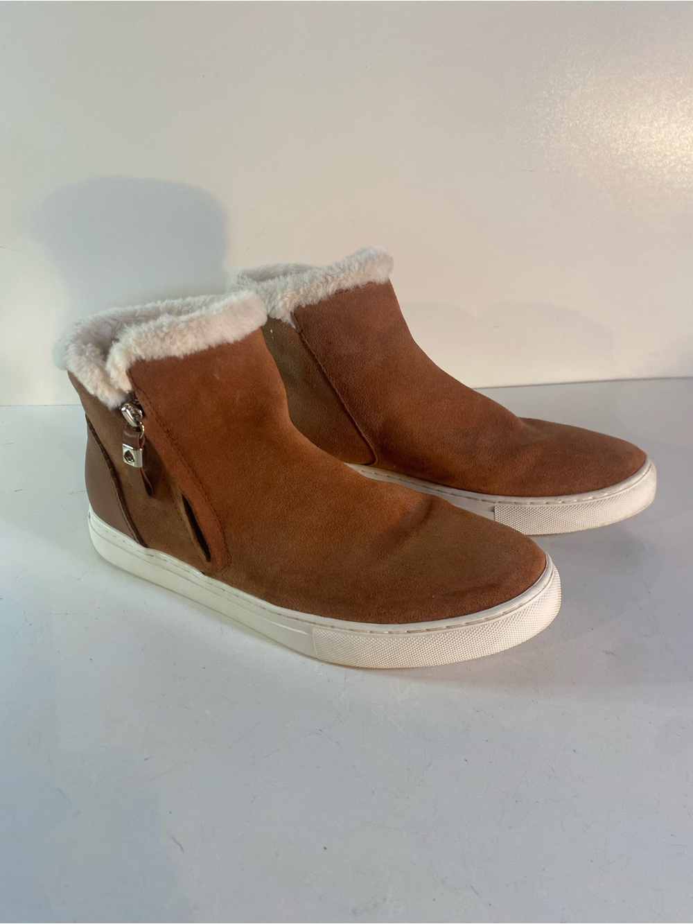 Kate Spade Harper Gingerbread Suede Winter Sneakers Plush White Faux Fur Lining
